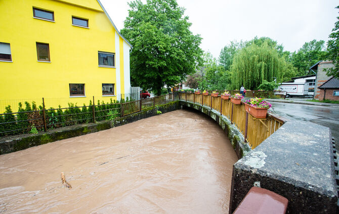 Hochwasser entlang der Wieslauf, Klingenmühle bis Schlechtbach, 21.05.2019.
