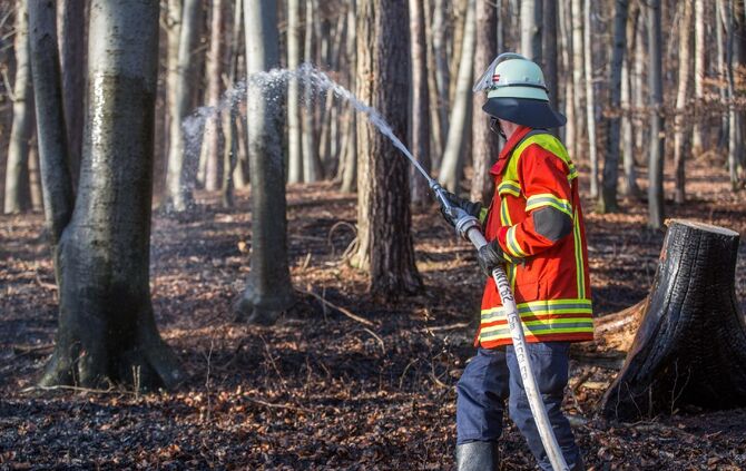 100qm Waldboden brennt am Waldrand von Remshalden - Feuerwehr lÃ¶scht Baumstamm und trockenes Laub_7
