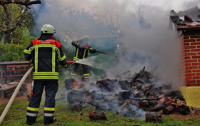 Gartenhütte in Vollbrand - Feuerwehr Korb im Löscheinsatz - Wildkamera soll vermeindliche Brandstiftung belegen
