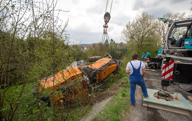 TÃ¶dlicher Arbeitsunfall auf StraÃenbaustelle: AsphaltfrÃ¤smaschine Ã¼berschlÃ¤gt sich in BÃ¶schung - 1 Toter und 1 Schwerverletzter_15