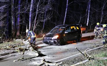 Baum stürzt auf fahrenden PKW - Feuerwehr im Sturmeinsatz