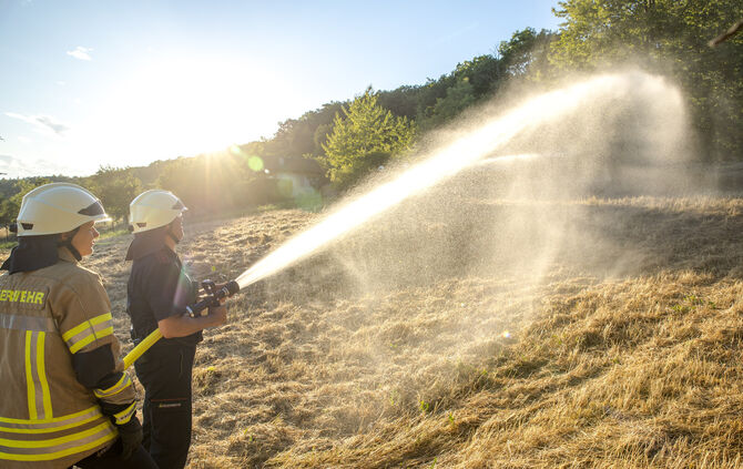Gemeinsame Übung der Feuerwehren Fellbach, WN-Hgenach und Stuttgart-Sommerrain: Waldbrand bei Fellbach-Oeffingen, 14.07.2023.