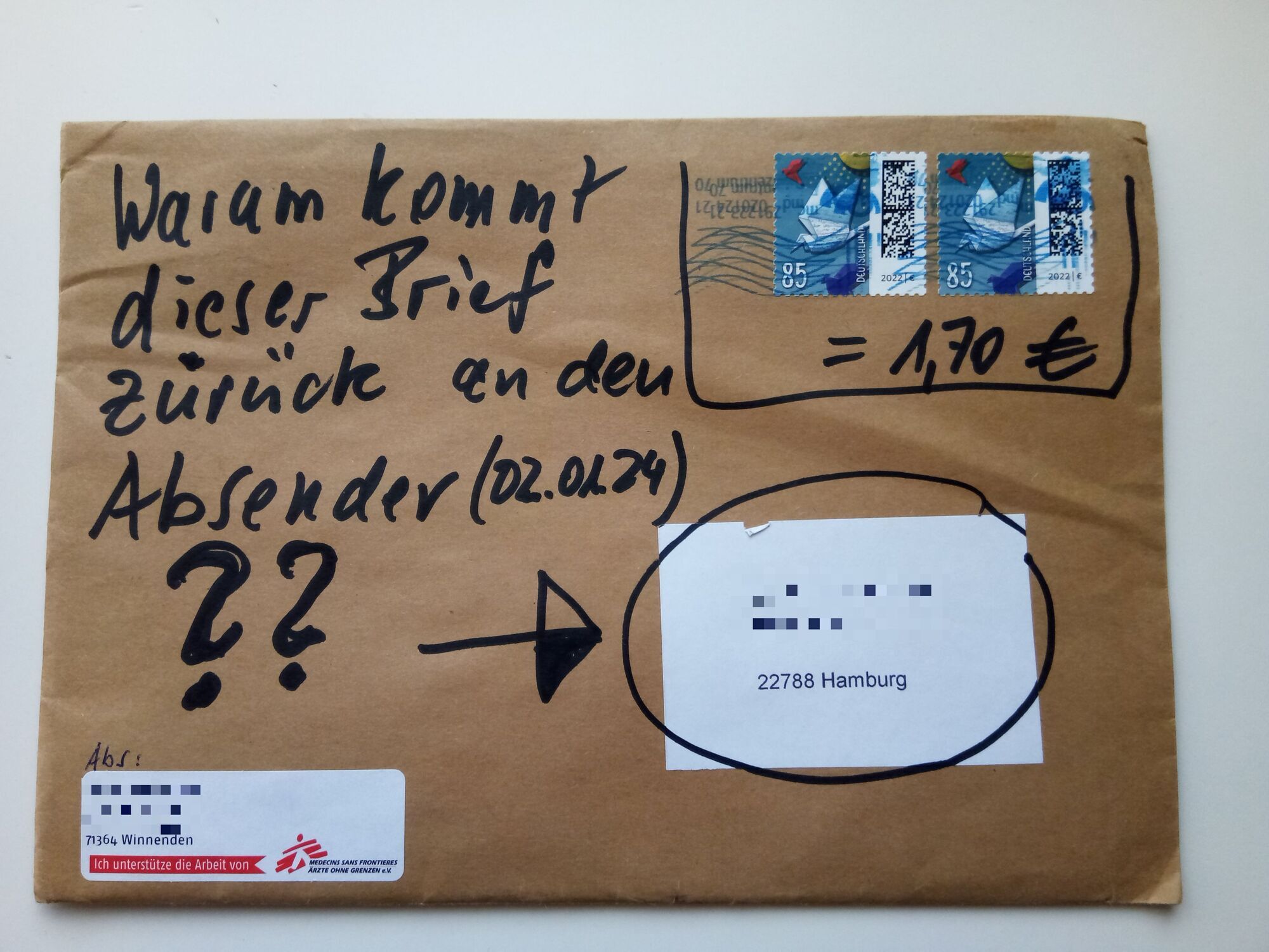 Ein Brief, der immer wieder zum Absender nach Winnenden findet woran liegt es? Nachrichten