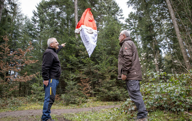 Die Naturparkführer Walter Hieber und Manfred Krautter stellen den Weihnachtswichtelwald Welzheim vor, 18.12.2024.