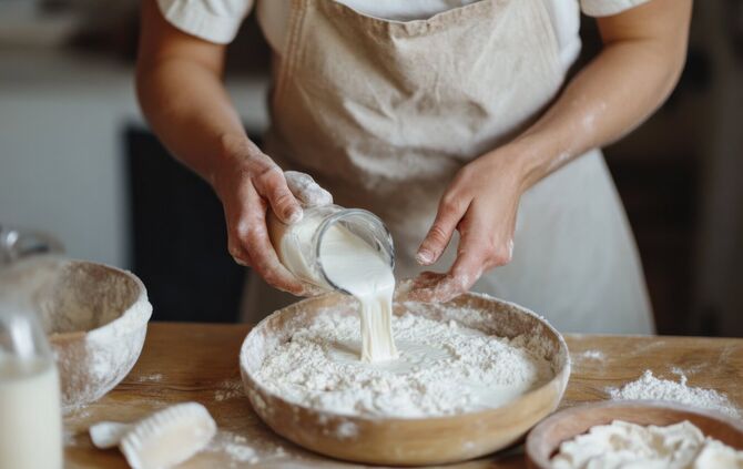 Baker pouring sourdough starter into flour in wooden bowl for baking bread