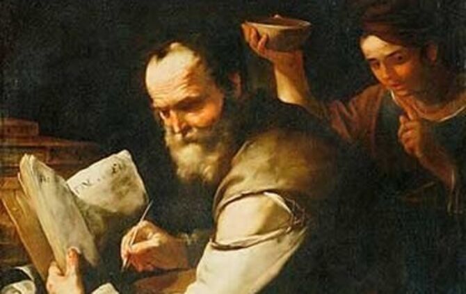 Xanthippe schüttet ihrem Ehemann Sokrates vor lauter Wut Wasser in den Kragen; Gemälde von Luca Giordano (1634-1705).