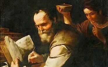 Xanthippe schüttet ihrem Ehemann Sokrates vor lauter Wut Wasser in den Kragen; Gemälde von Luca Giordano (1634-1705).