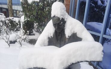 Der Zeitungsleser: Skulptur vor dem ZVW-Verlagshaus im Waiblinger Ameisenbühl am Montagmorgen (26.01.).
