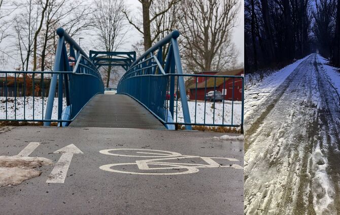 Gegen Mittag (links) sah es an den Radwegen an der Rems nicht mehr so eisig aus wie am frühen Mittwochmorgen (re.), als Pendler