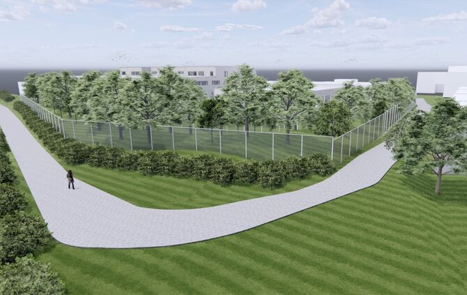Diese Visualisierung zeigt den geplanten Maßregelvollzug im Schlosspark von Westen her aus der Vogelperspektive.