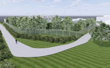 Diese Visualisierung zeigt den geplanten Maßregelvollzug im Schlosspark von Westen her aus der Vogelperspektive.