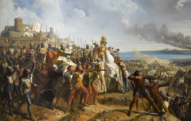 Die Schlacht von Montgisard im Jahr 1177 zwischen Kreuzrittern und muslimischen Truppen der Ayyubiden – Historiengemälde von Cha