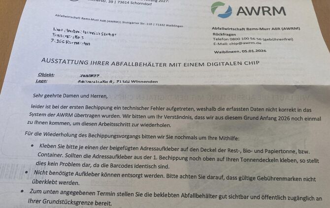 Nacharbeiten bei der Mülltonnen-Bechippung: So sieht der Brief der Abfallwirtschaft Rems-Murr dazu aus.