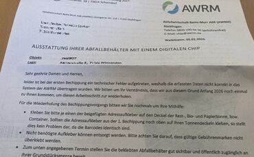 Nacharbeiten bei der Mülltonnen-Bechippung: So sieht der Brief der Abfallwirtschaft Rems-Murr dazu aus.
