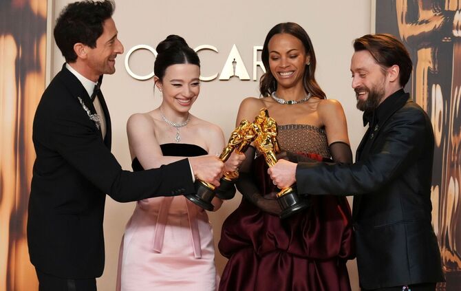 Adrien Brody (l-r), Mikey Madison, Zoe Saldana, Kieran Culkin