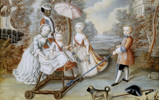 Vier Kinder u. Mohr im Park / Gouache