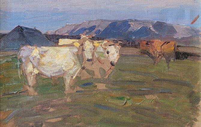 Gemälde aus der Sonderausstellung „Heinrich von Zügel zum 175. Geburtstag" in Murrhardt. Das Werk zeigt Rinder auf einer Weide v