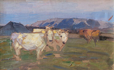 Gemälde aus der Sonderausstellung „Heinrich von Zügel zum 175. Geburtstag" in Murrhardt. Das Werk zeigt Rinder auf einer Weide v