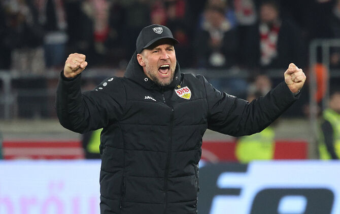 VfB-Trainer Sebastian Hoeneß schrie nach dem Leipzig-Spiel seine Freude heraus.