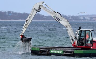 Der Bagger gräbt eine Rinne für den gestrandeten Wal.