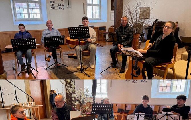 Teilnehmer des offenen Gitarrens beim Musizieren im evangelischen Gemeindehaus Rielingshausen.