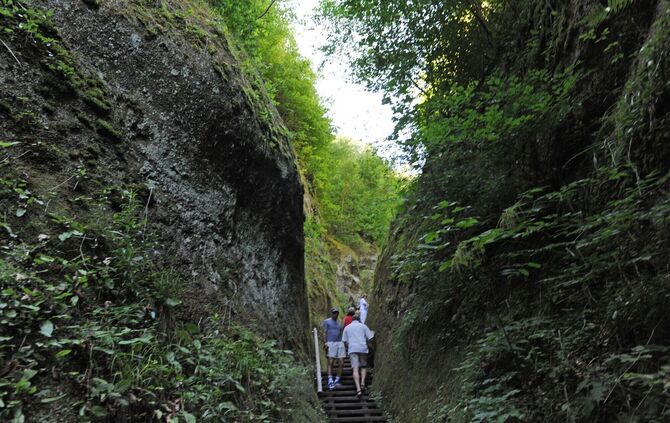 Wanderer gehen durch die Marienschlucht am Bodensee