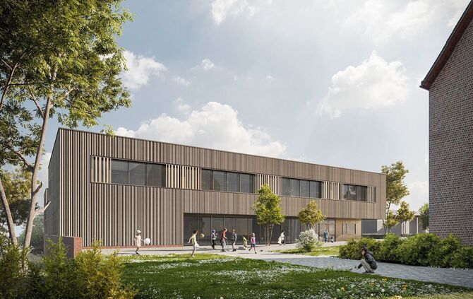 In dem Neubau befinden sich die Sporthalle, die Mensa und vier Klassenräume. Im Mai 2026 soll es losgehen.