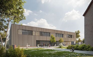 In dem Neubau befinden sich die Sporthalle, die Mensa und vier Klassenräume. Im Mai 2026 soll es losgehen.