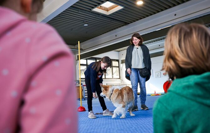 Ferienangebot der Hundeschule Schnüffelnase: Suki dreht sich im Kreis. Das Mädchen hat ein Leckerchen in der Hand und macht den