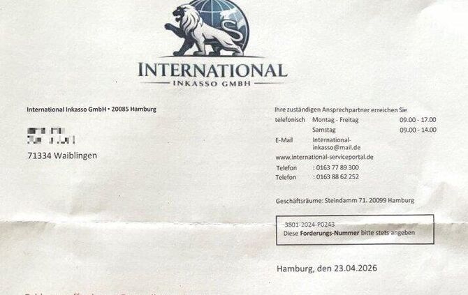 Fake-Inkasso-Schreiben an eine Waiblinger Adresse.