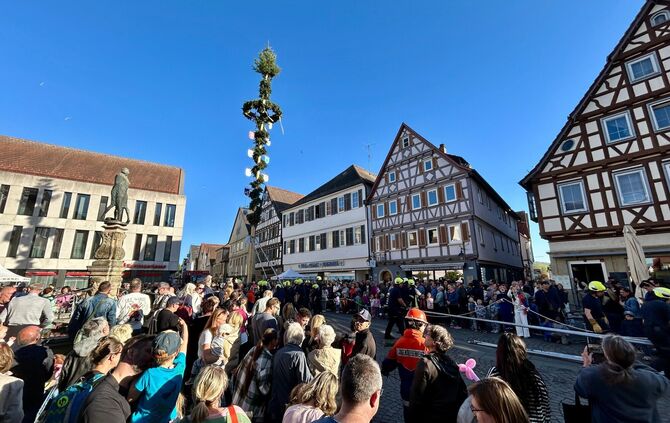 Steht: der Maibaum auf dem Marktplatz.