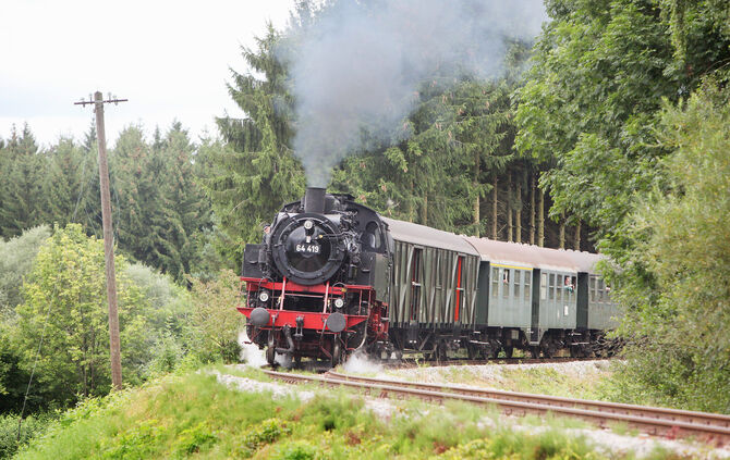 Mit einer Dampflok bewältigt die Waldbahn den Aufstieg im Wieslauftal.