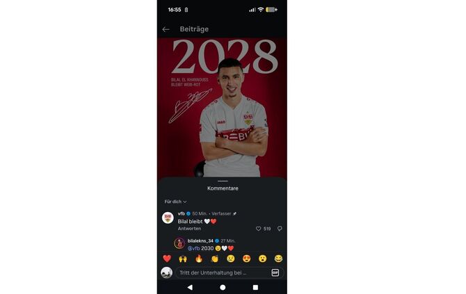 Screenshot von Instagram: Der VfB sagt 2028, Bilal El Khannouss kommentiert 2030 – beide Posts wurden später gelöscht.