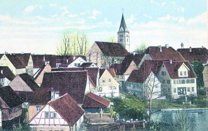 Nach dem Brand bekam Welzheim ein neues Gesicht. Hier eine historische Darstellung der Innenstadt mit Blick auf den Feuersee.