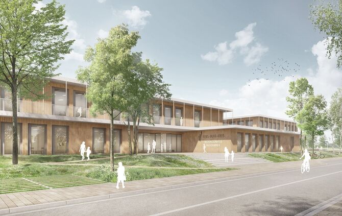 Die Visualisierung zeigt, wie der geplante Bildungscampus Rainbrunnen in Schorndorf voraussichtlich aussehen wird.