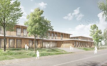 Die Visualisierung zeigt, wie der geplante Bildungscampus Rainbrunnen in Schorndorf voraussichtlich aussehen wird.