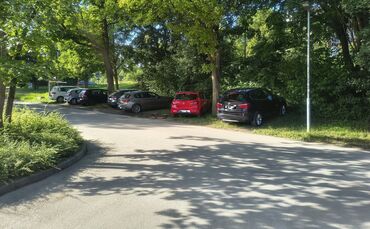 Der Schatten unter den Bäumen wirkt wohl einladend: Erlaubt ist das Parken auf der Grünfläche beim Rundsporthallen-Parkplatz abe
