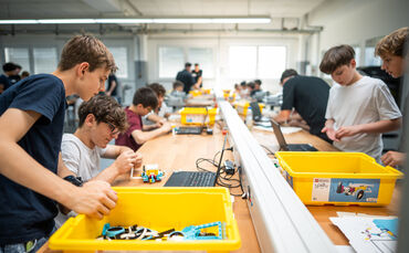 Schüler der Albertville-Realschule Winnenden tüfteln bei Kärcher an ihren Robotern.