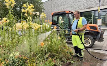 Gärtner Malte Krause gießt ein Beet in der Stettener Straße in Kernen.