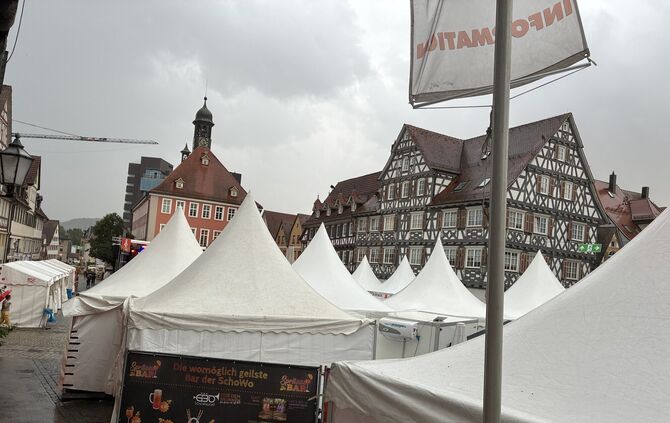 Eine Stunde vor der SchoWo-Eröffnung ist der Himmel über Schorndorf grau in grau, der Regen prasselt auf die Stände und Schirme.