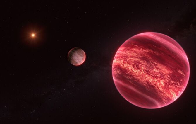 Künstlerische Darstellung des Systems um den Stern CD-35 2722. Das System besteht aus einem Stern, einem Braunen Zwerg und einem