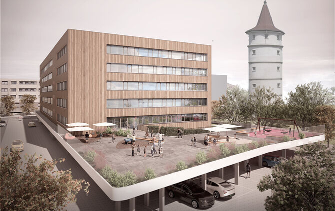 Visualisierung der geplanten Rückseite des Gebäudes Stuttgarter Straße 110 in Waiblingen. Durch eine Überdachung der Parkplätze