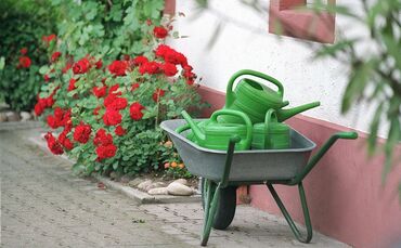 Gießkannen in einem Garten.