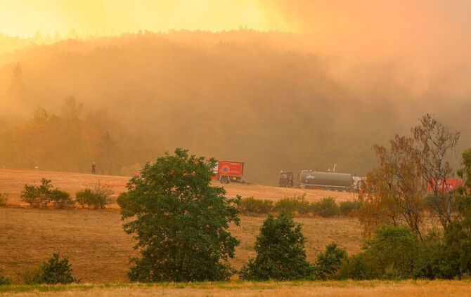 Auch in der Nacht kämpfen Feuerwehrleute gegen die Flammen.