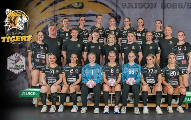 Das Team des VfL Waiblingen in der Saison 2026/2027. Hintere Reihe von links: Vanessa Reiter (6), Celia Heinzer (23), Isabel Kat