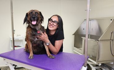 Sara De Cesare im Hundesalon "Pfotenparadies" mit Hündin Tigella.
