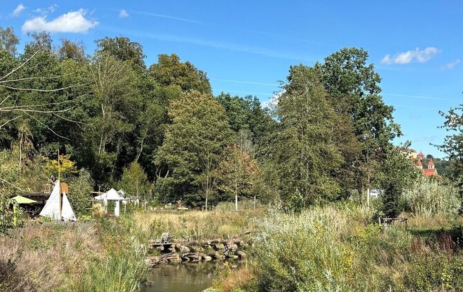 Die Jagst schlängelt sich malerisch durch das Gartenschaugelände, rechts und links des Flusses gibt es Spielplätze, Gärten und E