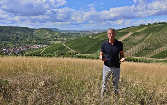 Richard Heckert, Vorsitzender der Bürgerstiftung Weinstadt, auf einer Brachfläche in den Weinbergen von Schnait.