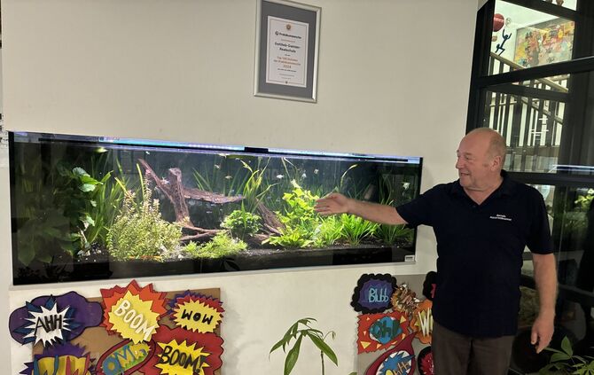 Bernd Siegmund erklärt, welche Fische im Aquarium schwimmen.
