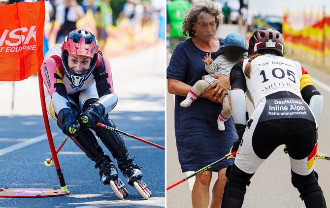 Mona Heller erst in Aktion (links), danach begrüßt die Sportlerin an der Strecke ihre einjährige Tochter.